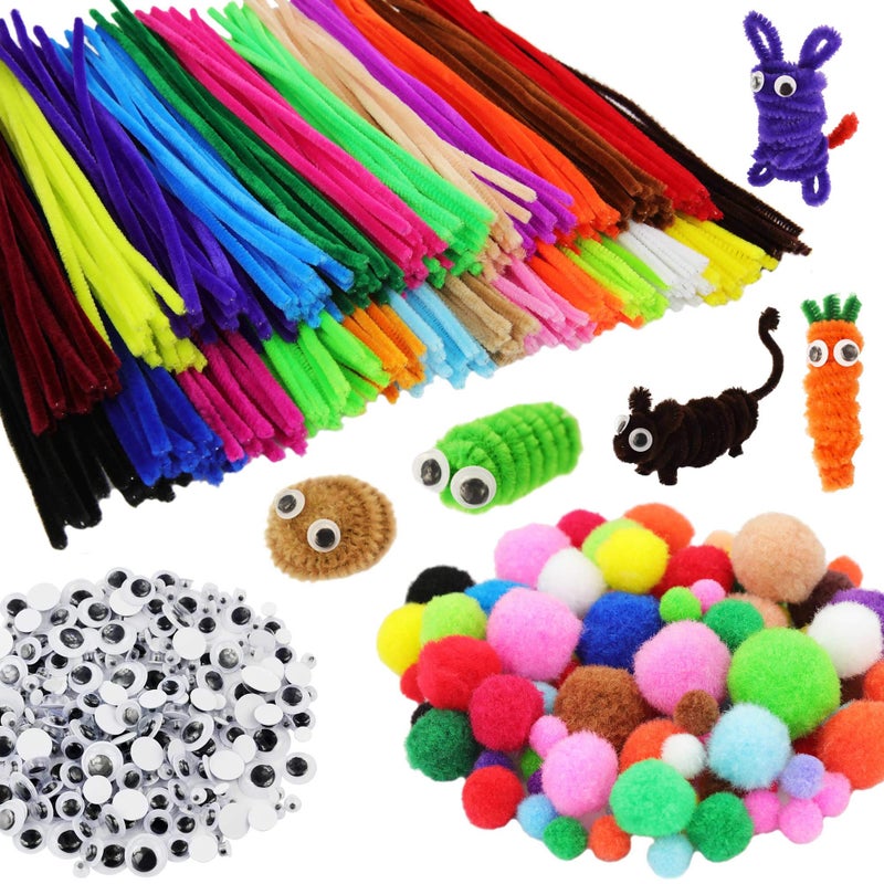 PenVinoo 862 Pieces Art & Craft Supplies Set DIY Activities & Parties Pipe Cleaners Craft Set 200 Pcs Pipe Cleaners 454 Pcs Pom Poms 208 Pcs Wiggle Eyes Self Adhesive - Image 1